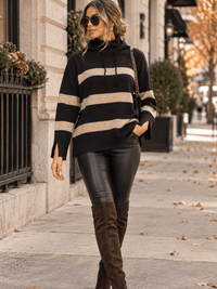 WOMEN'S LONG SLEEVE HIGH-LOW STRIPES PULLOVER HOODED SWEATER