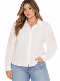 PLUS SIZE LONG SLEEVE BUTTON UP EMBROIDERY DETAILED BLOUSE