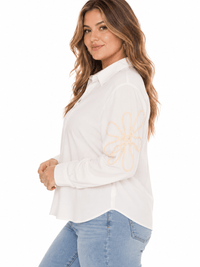 PLUS SIZE LONG SLEEVE BUTTON UP EMBROIDERY DETAILED BLOUSE