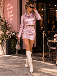 WOMEN'S LONG SLEEVE BELTED JACKET & BUTTON CLOSURE MINI SKIRT PU PLEATHER 2PC. SET