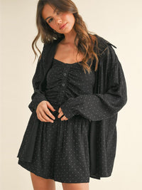 WOMEN'S LONG SLEEVE BLOUSE WITH TANK TOP & MINI SHORTS STUDS DETAILED 3PC. SET
