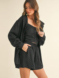 WOMEN'S LONG SLEEVE BLOUSE WITH TANK TOP & MINI SHORTS STUDS DETAILED 3PC. SET