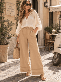WOMEN'S BUTTON CLOSURE ELASTIC EMBROIDERY WAIST FRONT POCKETS WIDE LEG PANTS