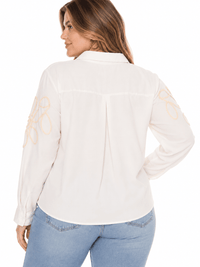 PLUS SIZE LONG SLEEVE BUTTON UP EMBROIDERY DETAILED BLOUSE