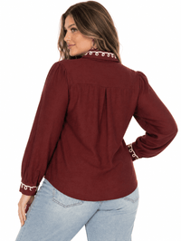 PLUS SIZE LONG SLEEVE BUTTON UP EMBROIDERY TRIM DETAILED BLOUSE