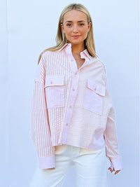WOMEN'S LONG SLEEVE BUTTON UP FRONT POCKETS HIGH-LOW STRIPES TOP