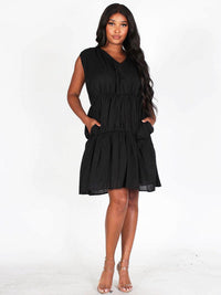 WOMEN'S SLEEVELESS V-NECK TIERED TUNIC POCKETS MINI DRESS