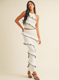 WOMEN'S HALTER NECK TOP & ELASTIC WAIST MAXI SKIRT RUFFLE TIERED KNIT 2PC. SET