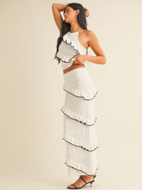 WOMEN'S HALTER NECK TOP & ELASTIC WAIST MAXI SKIRT RUFFLE TIERED KNIT 2PC. SET