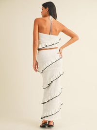 WOMEN'S HALTER NECK TOP & ELASTIC WAIST MAXI SKIRT RUFFLE TIERED KNIT 2PC. SET