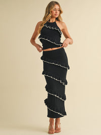 WOMEN'S HALTER NECK TOP & ELASTIC WAIST MAXI SKIRT RUFFLE TIERED KNIT 2PC. SET