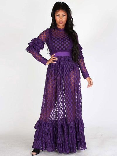 WOMEN'S LONG SLEEVES ALL OVER LACE RUFFLE MAXI DRESS