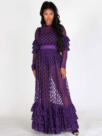WOMEN'S LONG SLEEVES ALL OVER LACE RUFFLE MAXI DRESS