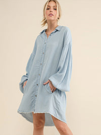 WOMEN'S LONG BALLOON SLEEVE BUTTON UP FRONT POCKETS CHAMBRAY MIDI DRESS