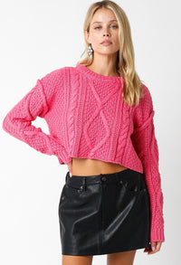 *********WOMEN'S LONG SLEEVE CABLE KNIT PULLOVER CROP SWEATER