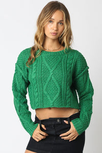 *********WOMEN'S LONG SLEEVE CABLE KNIT PULLOVER CROP SWEATER