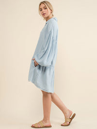 WOMEN'S LONG BALLOON SLEEVE BUTTON UP FRONT POCKETS CHAMBRAY MIDI DRESS