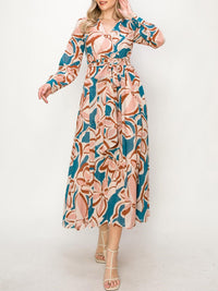WOMEN'S LONG SLEEVE MULTI PRINT SURPLICE MAXI DRESS