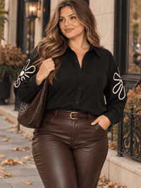 PLUS SIZE LONG SLEEVE BUTTON UP EMBROIDERY DETAILED BLOUSE