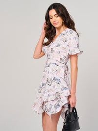 WOMEN'S SHORT SLEEVE BUTTON UP MULTI PRINT MINI DRESS