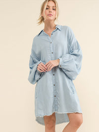 WOMEN'S LONG BALLOON SLEEVE BUTTON UP FRONT POCKETS CHAMBRAY MIDI DRESS