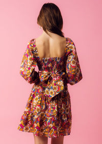 WOMEN'S SHORT SLEEVE SQUARE NECK SMOCK FLORAL MINI DRESS