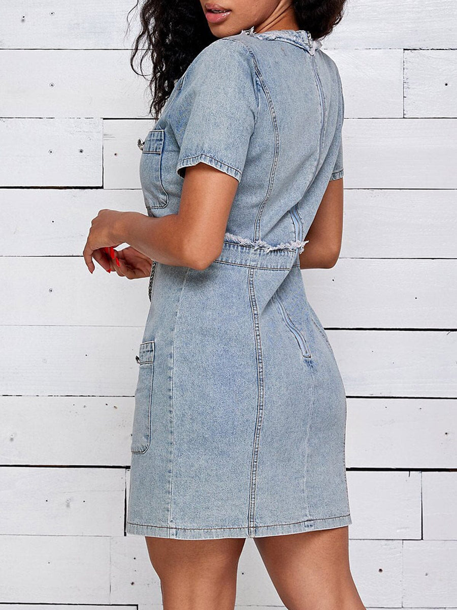 WOMEN'S SHORT SLEEVE DENIM BUTTON UP MINI DRESS