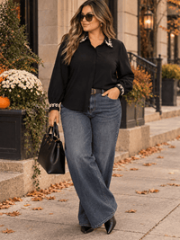 PLUS SIZE LONG SLEEVE BUTTON UP EMBROIDERY TRIM DETAILED BLOUSE