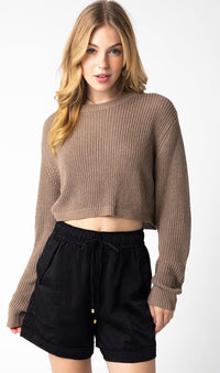 WOMEN'S LONG SLEEVE KNIT PULLOVER CROP SWEATER
