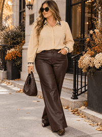 PLUS SIZE LONG SLEEVE BUTTON UP EMBROIDERY TRIM DETAILED BLOUSE