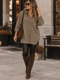 WOMEN'S LONG SLEEVE BUTTON UP FRONT POCKET CORDUROY SHIRT