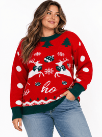 PLUS SIZE LONG SLEEVE HOLIDAY PRINT PULLOVER SWEATER