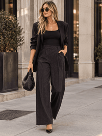 WOMEN'S BUTTON CLOSURE POCKETS STRIPES WIDE LEG PANTS