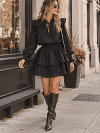 WOMEN'S LONG SLEEVE SMOCK WAIST RUFFLE TIERED FIT & FLARE MINI DRESS