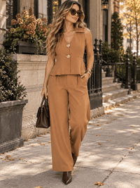 WOMEN'S SLEEVELESS BUTTON UP BLOUSE & BUTTON CLOSURE WIDE LEG PANTS 2PC. SET