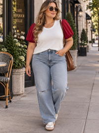 PLUS SIZE SHORT SLEEVE COLORBLOCK CONTRAST BLOUSE