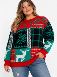 PLUS SIZE LONG SLEEVE HOLIDAY PRINT PULLOVER SWEATER