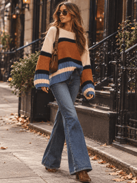 WOMEN'S LONG SLEEVE COLORBLOCK STRIPES PULLOVER KNIT SWEATER