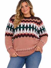 PLUS SIZE LONG SLEEVE MULTI PRINT PULLOVER SWEATER