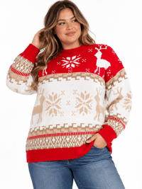 PLUS SIZE LONG SLEEVE HOLIDAY PRINT PULLOVER SWEATER