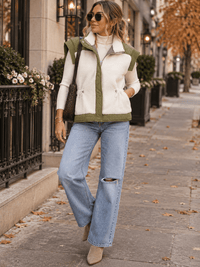 WOMEN'S SLEEVELESS BUTTON CLOSURE ADJUSTABLE WAIST SHERPA CONTRAST VEST