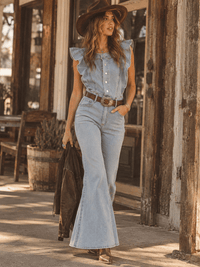 WOMEN'S RUFFLE SLEEVES BUTTON UP FRONT POCKETS BELL LEG DENIM JUMPSUIT