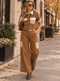 WOMEN'S SHORT SLEEVE BUTTON UP BLOUSE & ELASTIC WAIST WIDE LEG PANTS COLORBLOCK 2PC. SET