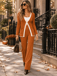 WOMEN'S LONG SLEEVE CARDIGAN & ELASTIC WAIST STRAIGHT LEG PANTS RIBBED 2PC. SET