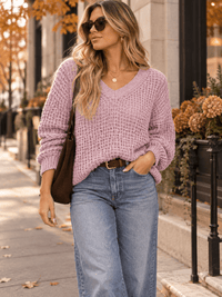WOMEN'S LONG SLEEVE V-NECK KNIT PULLOVER SWEATER