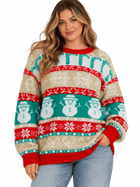 PLUS SIZE LONG SLEEVE HOLIDAY PRINT SHIMMER PULLOVER SWEATER
