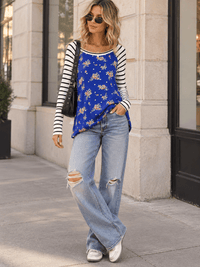 WOMEN'S LONG SLEEVE COLORBLOCK CONTRAST FLORAL STRIPES TOP