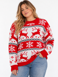 PLUS SIZE LONG SLEEVE HOLIDAY PRINT PULLOVER SWEATER