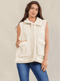 WOMEN'S SLEEVELESS ZIP UP FRONT POCKETS SHERPA CONTRAST VEST