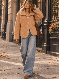 WOMEN'S LONG SLEEVE BUTTON CLOSURE FRONT POCKET FLORAL SHERPA JACKET
